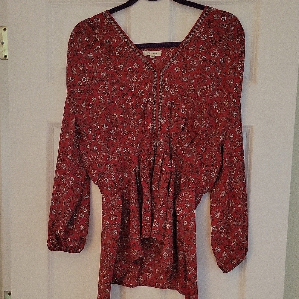 Max Studio Red Tie Front Long Sleeve Blouse